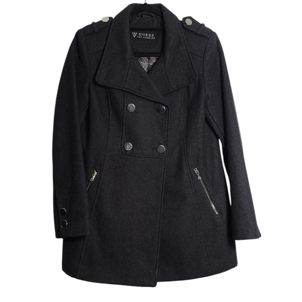 GUESS LOS ANGELES Dark Grey Wool Long Sleeve Button Up Coat Size Petite Small - Picture 1 of 16